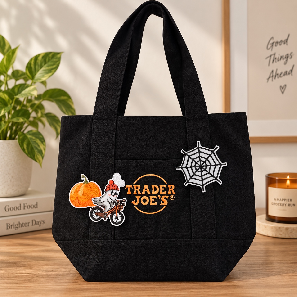 Black Trader Joe's mini tote with Halloween patches