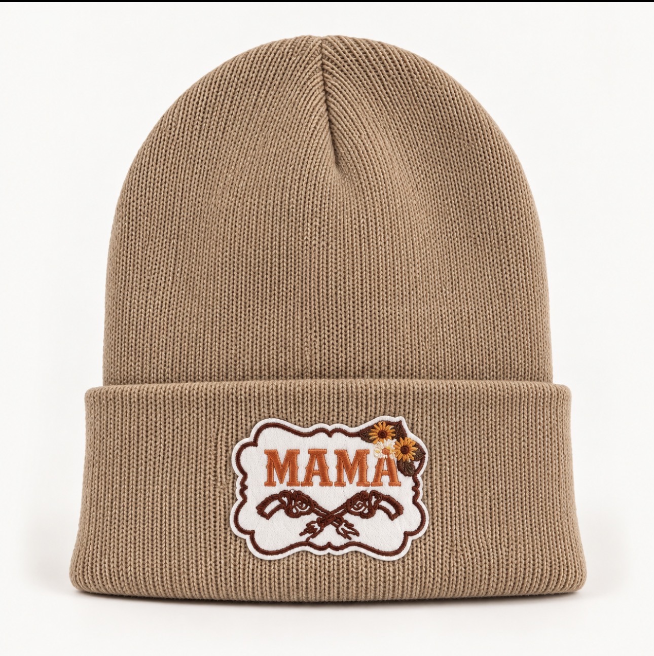 Tan beanie with a Mama patch